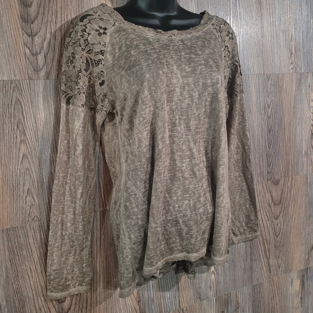 Elena Baldi Semi Sheer Lace Trim Top Size S Brown Back Tie Bow Beachy Boho - Picture 2 of 11